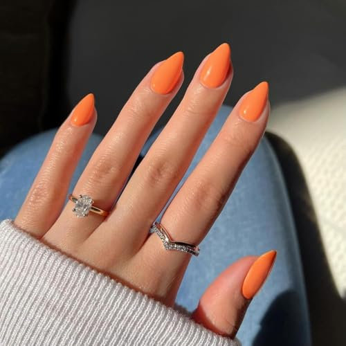 Orange Press on Nails Short Almond Shaped, SXVME 30 Pcs Thick Short False Nails Press ons Natural Natural Fit Acrylic Fake Nails For Women Daily Wear