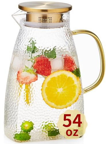 MESNEY Glas Wasserkrug 1600ml – Glaskaraffe mit Deckel, Borosilikatglas, Kaltgetränke Karaffe für Wasser, Saft, Eistee, Limonade, Goldener Griff, Wasserkanne für Zuhause und Partys
