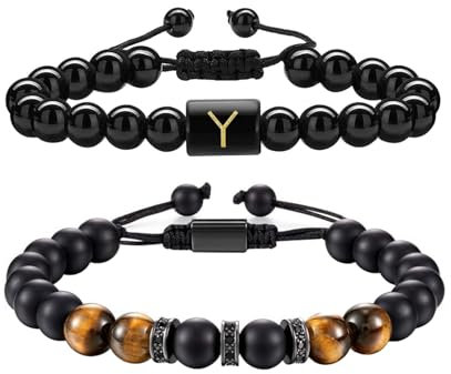 ZENGSING Perlenarmband Herren, 2 Stück Tigerauge Stein Armband Obsidian Buchstaben Armband, Verstellbare Yoga Perlen Armbänder, Partnerarmbänder mit Naturstein Perlen, Geschenk für Männer (Y)
