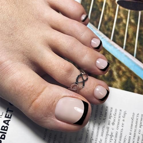 SXVME Black French Tip Press on Toes Nails Short Square, Natural Nude Fake Toe Nails Glue on, Toe Press on Nails for Women, Glossy Gel ToeNails Acrylic for Decoration 24 Pcs