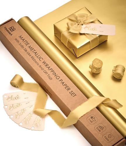 Vitalizart Goldenes Metallic-Geschenkpapier 43 cm x 5 m mit 3 Rollen Goldene Geschenkband und 6 Geschenkanhängern, Geschenkpapierset für Geburtstage, Hochzeiten, Baby-Showern und Weihnachten