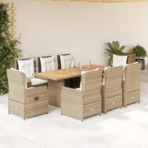 Verderoom Gartenmöbel Set 8 Verstellbare Hochlehner Stühlen mit Tisch Garten Sitzgruppe 8 Personen Rattan 8 Personen Polyrattan Gartenmöbel Set mit Kissen-Beige und Creme-9-tlg
