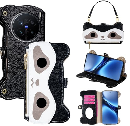 ERDARARIPRO Crossbody Étui portefeuille pour vivo X200s 5G avec cordon de suspension, support pliable en similicuir avec miroir [4 emplacements pour cartes + 1 emplacement pour billets] Noir