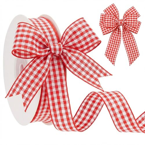 Xuniea (16 mm X 27 M) Nastro in Percalle Rosso e Bianco a Quadretti in Poliestere Nastro Bianco Rosso Decorativo per Confezioni Regalo per Feste, Cucito e Matrimoni