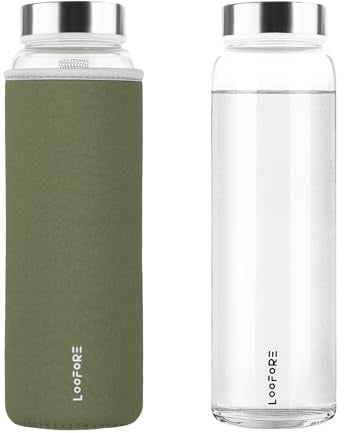 LOOFORE Glasflasche 1 liter 1l, Wasserflasche Glas 1000ml mit Neoprenhülle | BPA freie, Weite Öffnung, Spülmaschinenfeste, Temperaturen von -20℃ bis 150℃, für kohlensäurehaltige Getränke, 1 Stück