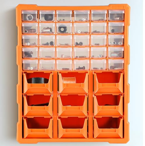 Plastic 39 Drawer Parts Organiser, Wall Mount Tools Boxes Storage Cabinet for Garage Small Nuts Bolts Tool, Black & Orange, 38L x 16D x 46.5H cm