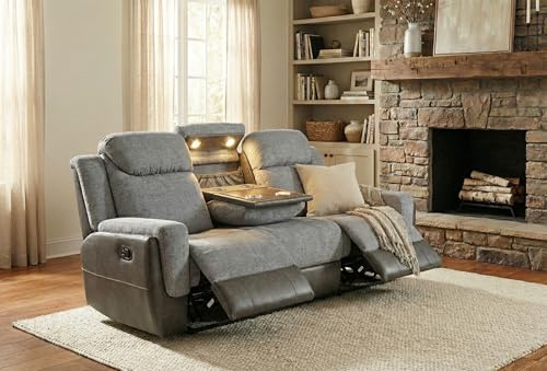 3-Sitzer Liegesofa, Manuell Verstellbar, Stoff & Leder, LED-Getränkehalter, Klappbare Mittelkonsole mit Wireless Charger, Modernes Wohnzimmer Relax Sofa