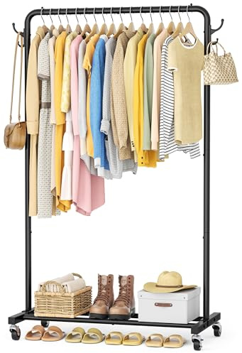 HOMIDEC Clothes Rail, 4 Side Hooks, Storage Shelf and Wheels, Metal, Black | Clothes Rack, Heavy-Duty Clothing Rail Holds Up to 40kg, Clothes Rails for Bedroom, Hallway, Laundry Room