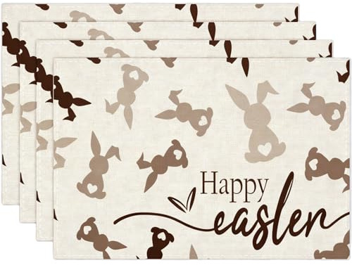Luzzxfa Happy Easter Braun Kaninchen Ostern Platzsets 4er Set, 32x45 cm Frühling Xmas Tischset Waschbar Platzdeckchen Küche Party Deko