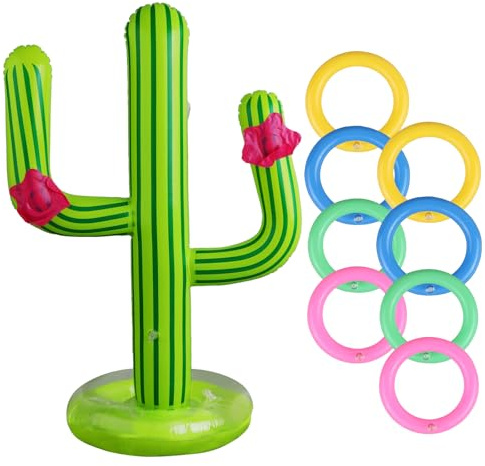 Inflatable Cactus Ring Toss Game Set, Inflatable Cactus with 8 Rings Hawaiian Party Decorations, Party Target Throwing Toy Props for Family Game Hawaii Parties Decor Swimming Pool Toy Indoor Outdoor