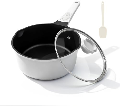Kasserolle 16cm mit Deckel, 1.5L Antihaft-Stielkasserolle (Weiß-Schwarz)