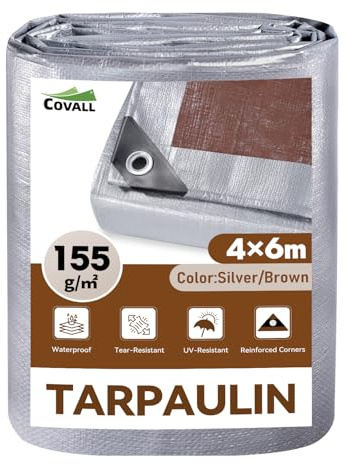 COVALL Telone Argento/Marrone 4x6m 155g/m² Impermeabile, Anti-UV | con occhielli rinforzati, telo protettivo multiuso per barche, legno, piscina, mobili da giardino, auto