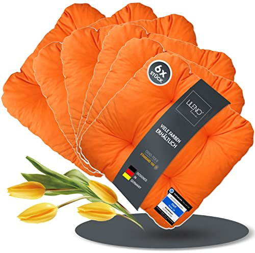 LILENO HOME 6er Set Stuhlkissen Orange (38x38x8 cm) - Sitzkissen für Gartenstuhl, Küche oder Esszimmerstuhl - Bequeme UV-beständige Indoor u. Outdoor Stuhlauflage als Stuhl Kissen