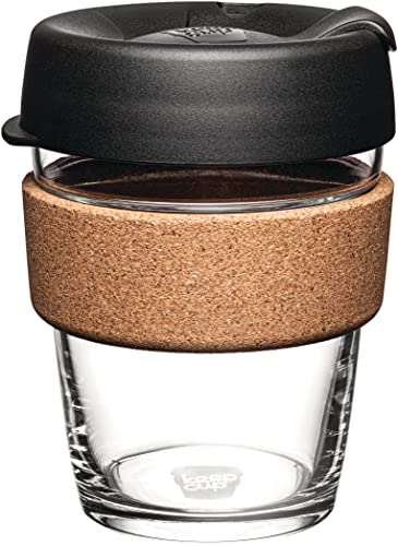 Taza de café de vidrio templado reutilizable KeepCup | Taza de viaje con tapa a prueba de salpicaduras, banda de corcho, ligera, sin BPA | Medio | 12oz / 340ml | Negro