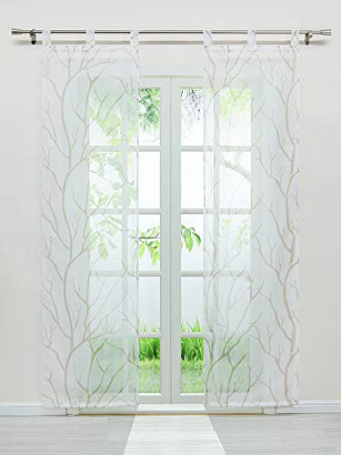 Voile Schiebegardinen mit Äste Muster Flächenvorhänge Vorhang Gardine mit Schlaufen Komplett mit Paneelwagen Beschwerungsstange (2er-Set, je H/B: 145/57 cm)