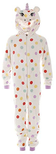 Camille Childrens Super Soft Fleece Onesie - Hooded All In One - Long Sleeved and Full Length with Elasticated Cuffs and Ankles Polka Dot 9-11 Years