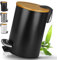 HIBATH® Kosmetikeimer aus Edelstahl mit Bambusdeckel (5 Liter, schwarz) - Badezimmer Abfalleimer mit Absenkautomatik - Praktischer Mülleimer - WC-Treteimer