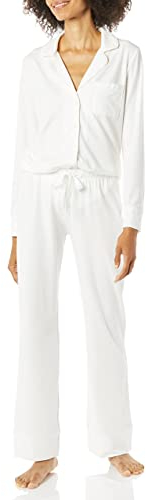 Amazon Essentials Camicia a Maniche Lunghe in Modal di Cotone e Pigiama a Tutta Lunghezza Donna, Bianco, L