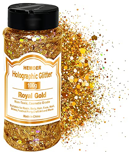 HEMOER Purpurina Gruesa Holográfica Oro Real, 100g Grado Cosmético Brillos Corporales para Uñas, Cara, Cabello y Maquillaje de Festival, Hexágono Purpurina para Manualidades, Resina Epoxy Decoración