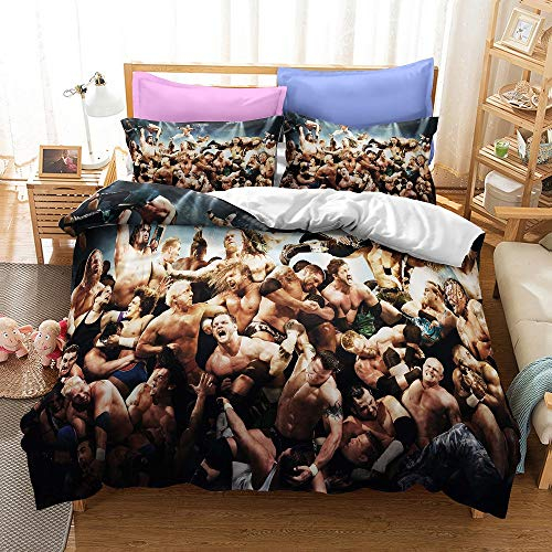 NICHIYOBI World Wrestling Entertainment WWE Bettbezug Bettwäsche Set - Bettbezug und Kissenbezug,Mikrofaser,3D Digital Print dreiteiliger Bettwäsche (4,Single 135x200cm+80 * 80cm)