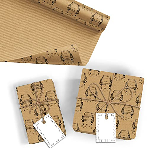 5x umweltfreundliches Öko Geschenkpapier zur Hochzeit aus Kraftpapier - 5 große Bogen je 61 x 85 cm - verpackt als eine Rolle - inkl. Passende Geschenkanhänger - Marke Neuser