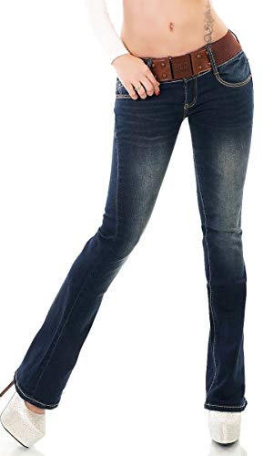 Label by Trendstylez Damen Stretch Bootcut Schlag Jeans Hose inkl. Gürtel Dark Blue WT365