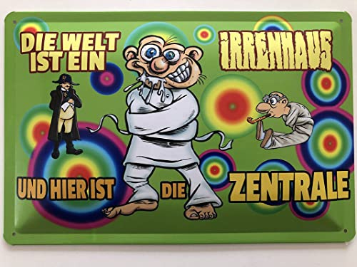 Metall Schild 20x30cm Welt ein Irrenhaus Spruch Sprüche Blechschild