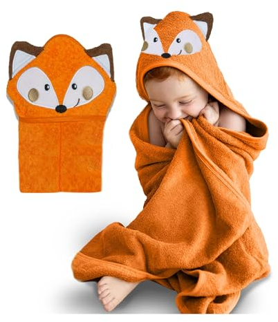 Mother's Choice Baby-Poncho mit Kapuze, ultraweich und saugfähig, Badewanne tragbar für Neugeborene, Säuglinge, 3D Orange Fuchs Design
