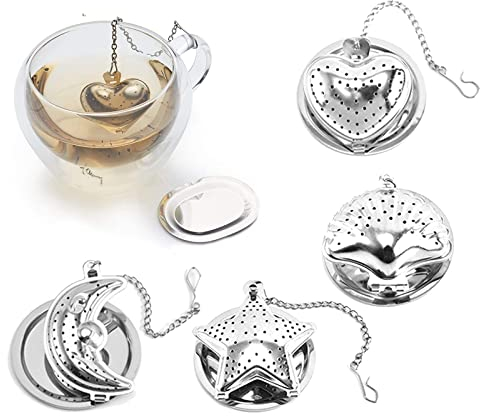 Boules à Thé Acier Inoxydable, 4 Pièces Passoire à Thé avec Chaîne, avec Plateau, Boule à thé Coeur, pour Tasse à Thé, Théière(étoile, Lune, éventail, Forme de Cœur)