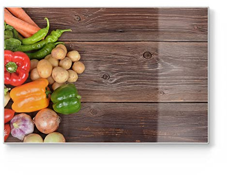 DEQORI Schneidebrett aus Glas | groß 30x20 cm | Motiv Frisches Gemüse auf Holz | Design Schneideplatte für Küche | Frühstücksbrett antibakteriell & rutschfest | Glasplatte & Servierplatte