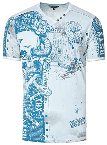 Herren T-Shirt All Over Skull X Snake X Rose Print Wildleder-Band Knopf-Verzierung V-Neck Stretch Streetwear Used-Look Shirt 293