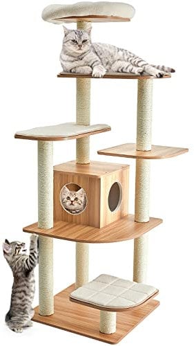 GYMAX Wooden Cat Tree, Tall Indoor Plush Cat Tower with Private Condo and Full Sisal Posts, Modern Kitten Activity Center for Climbing, Scratching & Sleeping (Natural, 86 x 86 x 176cm)