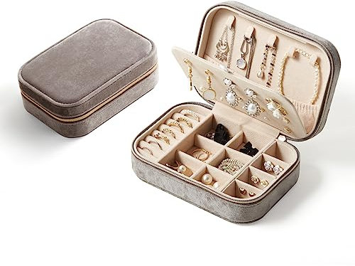 CASEGRACE Reise-Schmuckschatulle aus Plüschsamt, tragbarer Schmuckkoffer für Frauen und Mädchen, doppellagiger Schmuck-Organizer für Halsketten, Ohrringe, Ringe, Armband, Reisezubehör, Geschenke, grau