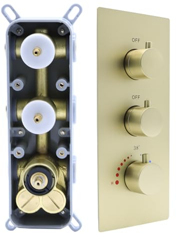 【2 Funktionen Dusche Thermostat-Messing Ventil Lautstärkeregler kann gleichzeitig arbeiten】 3 runder Drehknopf, verdecktes Messing Rohventil (gebürstetes Gold, 2-Wege)