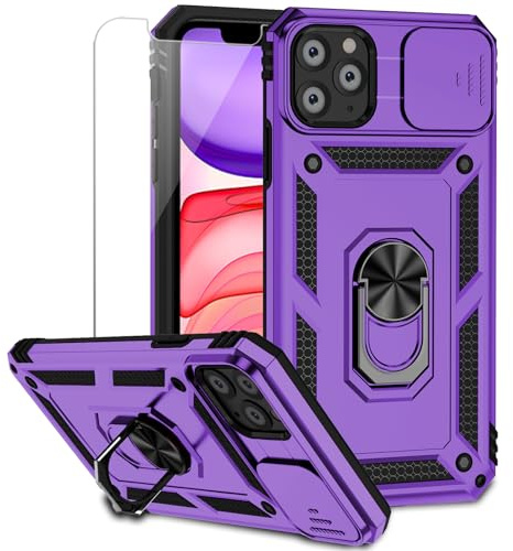 for iPhone 11 Pro Max Case with Camera Lens Cover HD Screen Protector, Military Grade Drop Protection Magnetic Ring Holder Kickstand Protective Phone Case for Apple iPhone 11 Pro Max 6.5 inch (Purple)