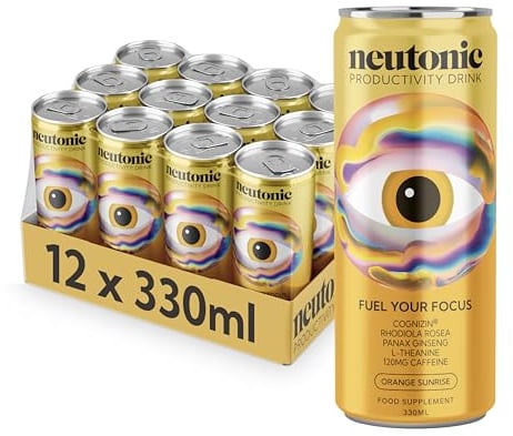 Neutonic Nootropic Productivity Energy Drink | Orange Sunrise 12 Cans | 120mg Natural Caffeine, Zero Sugar | Support Energy, Mental Performance, Cognitive Function | Support Focus, Brain Health