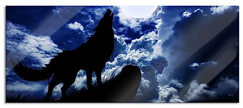 Pixxprint Glasbild Panorama, Wandbild aus Echtglas, Wolf im Mondschein, 100x40 cm, inkl. Aufhängung und Abstandshalter