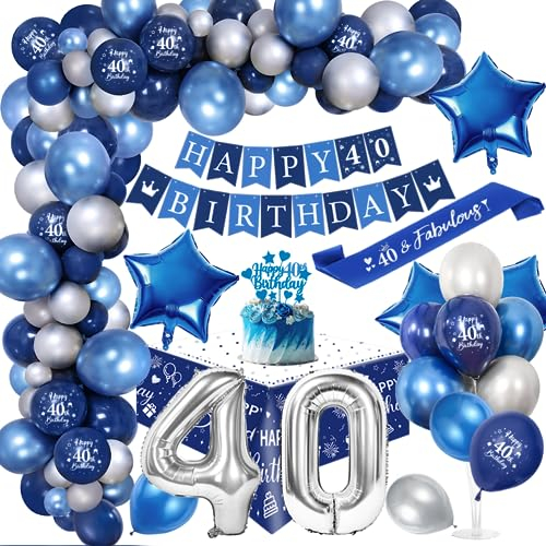 40. Geburtstagdeko Män, 40 Jahre Blau Silber Balloon Arch Kit mit Happy Birthday Banner, Cake Topper, Tischdecke, Geburtstag Sash, Große Anzahl 40 Ballon, Chrom Blau Silber Luftballons