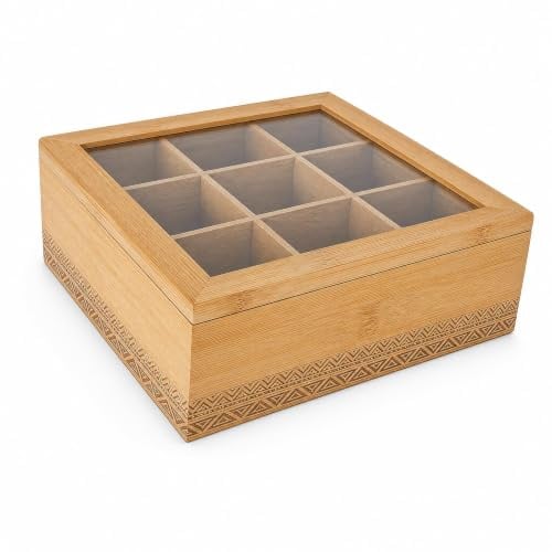 Caja de Bambú para Infusiones con Tapa 9 compartimentos 23×23×7,3 cm | Tapa Transparente y Diseño Elegante, Ideal para Cocina y Salón RS02171