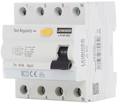 FI-Schalter Typ A von Leiniger, Fehlerstromschutzschalter (RCD), 4-polig, 300mA, 25A/40A/63A, VDE geprüft (40.0, Ampere)