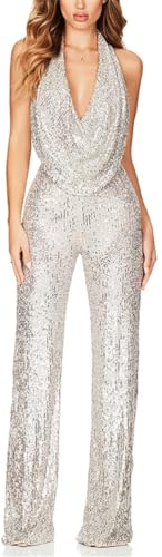 ORANDESIGNE Damen Pailletten Halter Jumpsuits Frauen Sexy Cowl-Ausschnitt Glitzernd Clubwear Ärmellos Elegant Bodycon Weite Hosenbeine Strampler A Silber 3XL