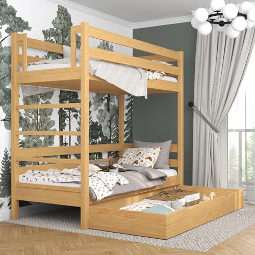 N-wood N03 Etagenbett mit Schublade 90x180 cm, Kinderbett für 2 Kinder, 2 Leitermontageseiten: Links oder rechts, abgerundete Kanten, Stabile Massivholzkonstruktion, inklusive Lattenrost, Naturkiefer