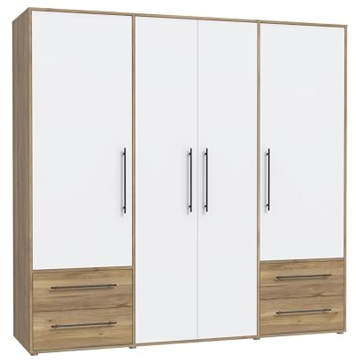 FORTE Jupiter Schrank 200 210, weißer Kleiderschrank, Drehtürenschrank, 4-türig, mit 4 Schubladen und Einlegeböden, Weiß mit Holz Dekor: Mauvella Eiche, 206 cm breit x 59 cm tief x 200 cm hoch