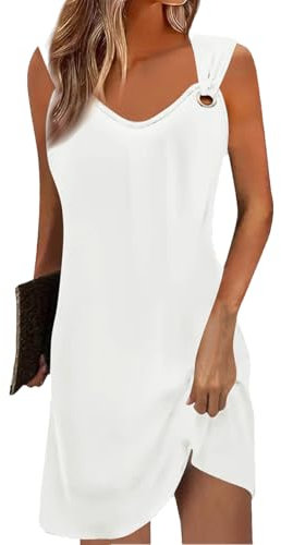 Yeenily Robe Femme Col en V sans Manches Décontractée Plage Robes Chic et Elegant Été Couleur Unie Mini Longue Tunique Robe (Blanc, L)