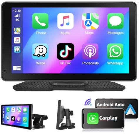 Podofo Autoradio Portable avec Apple Carplay sans Fil et Android Auto Écran CarPlay 7 Pouces avec AirPlay, système Mains Libres Bluetooth, Navigation en Temps réel, Siri et AUX Driveplay