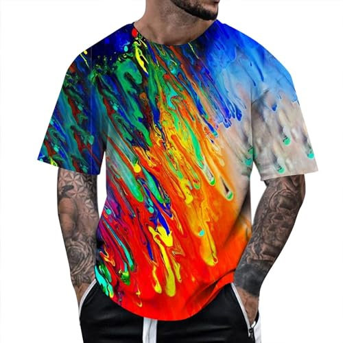 Herren 3D Neuheit T-Shirts Männer Grafik Lustige T-Shirts 3D Gedruckt Rundhalsausschnitt Kurzarm Sommer Lässige T-Shirts Blusenoberteile Shirt Herren Blau (240429E-Orange, XXXL)