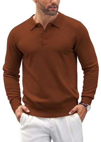 COOFANDY Mens Polo Jumper Long Sleeve Poloshirts Knitted Sweater Basic Sweatshirts Solid Color Pullover Brown M