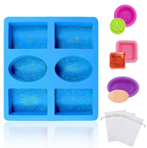1 Blau Silikon Seife Formen, 6 Mulden Seifenformen, Handgefertigte Seifenform mit Spitzenmuster, Soap Mold mit 3 Schäumendes Netz,3 Kleine Silikonform,Seifen Selber Machen Set für Handarbeit,Kerzen