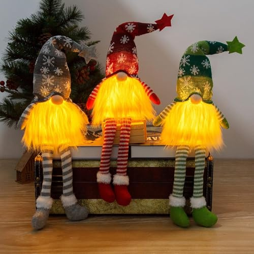 FQUVSP Décoration GNOME GNOME Lumineuse Lutin de Noël Poupée en Peluche Décoration de Noël Intérieur LED Figurine Miniature 3 Pièces pour Chambre Table Cheminée Fenêtre