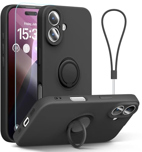 abitku for iPhone 16 Case with Ring Stand, Liquid Silicone Slim Design Support Magnetic Car Mount (with Wrist Strap Lanyard) Phone Cover for iPhone 16 Pro 6.3 inch (Black)